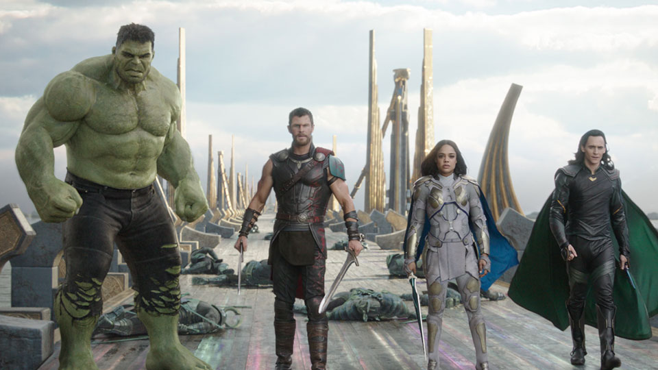 Hulk (Mark Ruffalo), Thor (Chris Hemsworth), Valkyrie (Tessa Thompson), Loki (Tom Hiddleston)