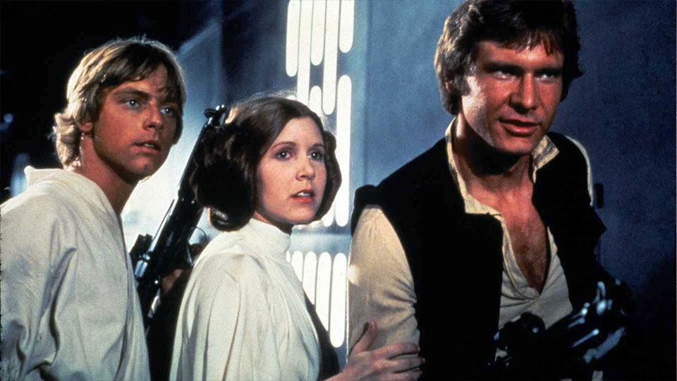 Luke Skywalker (Mark Hamill), Prinzessin Leia (Carrie Fisher) und Han Solo (Harrsion Ford)